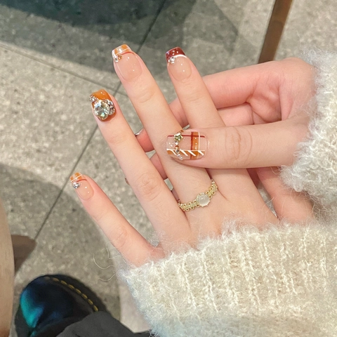 Uñas Postizas Hechas A Mano Retro Cuadros Francés Borgoña Con Diamantes De Imitación Perlas Artificiales Resina Elegantes Uñas Mujeres