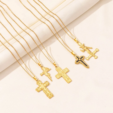 Gothic Edelstahl Kreuz Halskette Für Damen Gold Silber Plattiert Rose Sonnenblume Baphomet Religiöser Schmuck Alltag