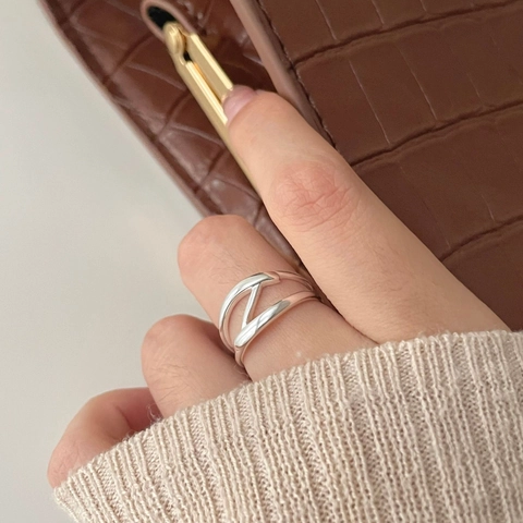 Anello Minimalista In Argento Sterling 925 Forma A Z Geometrica Linee Incrociate Design Aperto Regolabile Donna