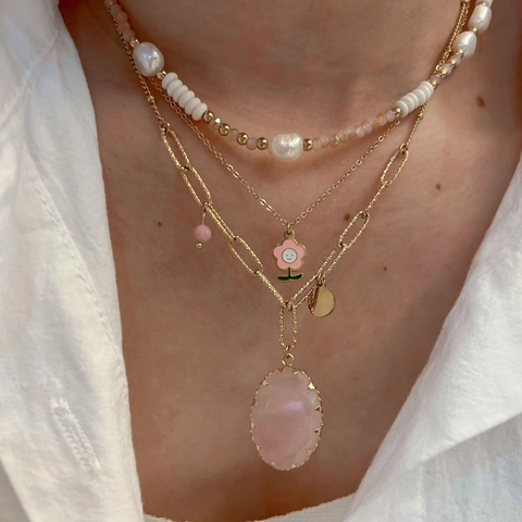 Mode Edelstahl Naturstein Perlen Halskette Für Damen Rosa Kristall Anhänger Emaille Smiley Blume Layered Halskette Schmuck