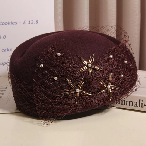 Elegante Französische Vintage Wollmischung Baskenmütze Mit Netzschleier Kunstperle Sternperlenstickerei Für Damen