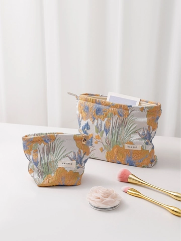 Borsa Trucco Floreale Vintage Francese Tessuto Jacquard Cerniera Organizzatore Da Viaggio Donna Beauty Case Portatrucchi Grande Piccola