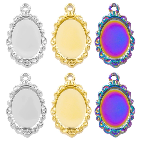 Oval 304 Stainless Steel Pendant Base Settings Floral Edge Vintage DIY Jewelry Making Cabochon Tray