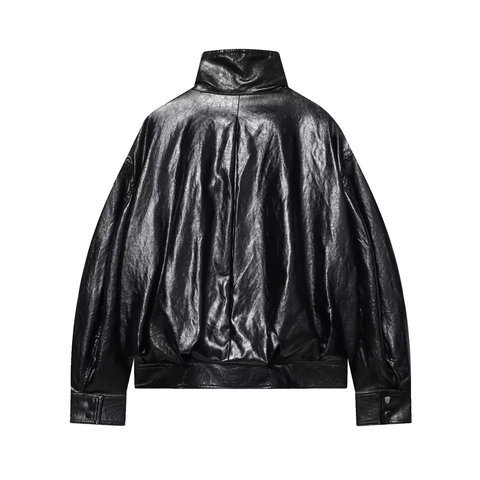 Women PU Leather Bomber Jacket Stand Collar Solid Color Streetwear Casual Snap Button Outerwear Chic Coat Black