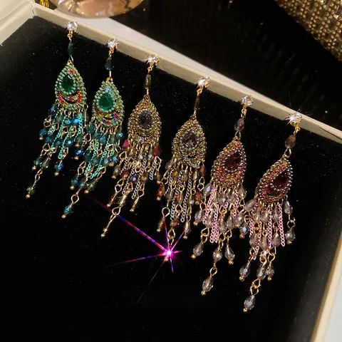 Pendientes Bohemios Con Borlas En Forma De Gota De Agua Con Poste De Plata De Ley 925 Aleación Cristal Diamantes De Imitación