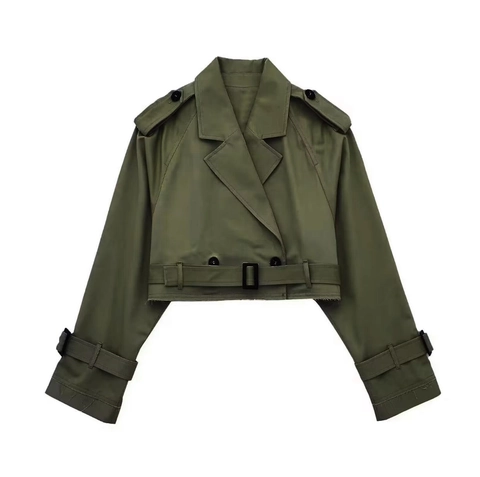 Dames Korte Trenchcoat Jas Double-Breasted Met Riem Revers Effen Kleur Casual Lange Mouwen Epauletten