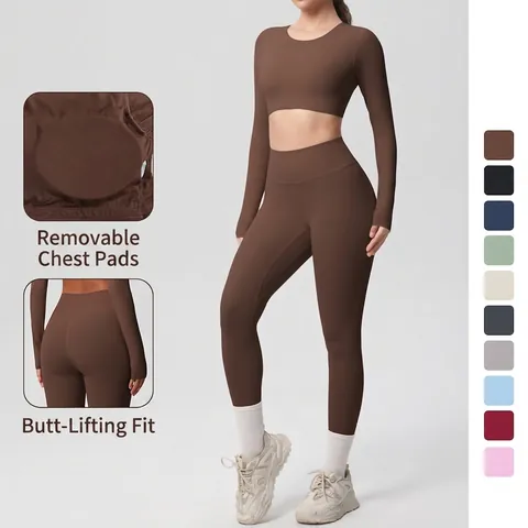 Long Sleeve Crop Top And High Waist Leggings Women Yoga Workout Nylon Spandex Breathable Solid Color Fitness Gym Wear