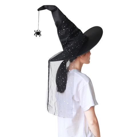 Ruched Black Witch Hat Satin Pointed Wizard Cap With Spider Charm Mesh Veil Tassel For Halloween Masquerade Costume Accessories