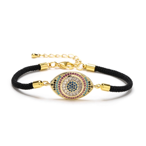 Bracelet Oeil Maléfique en Corde Tressée pour Femme Cuivre Zircon Coloré Ajustable Bijou Bohème Ethnique Protection Amulette Bracelet Cadeau