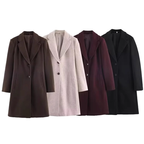 Women Mid Length Woolen Coat Single Breasted Lapel Slim Fit Elegant Solid Color Casual Long Sleeve Outerwear Overcoat