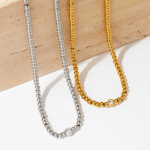Stainless Steel Round Bead Necklace And Bracelet With Zircon Geometric Simple Fashion Accessories For Women