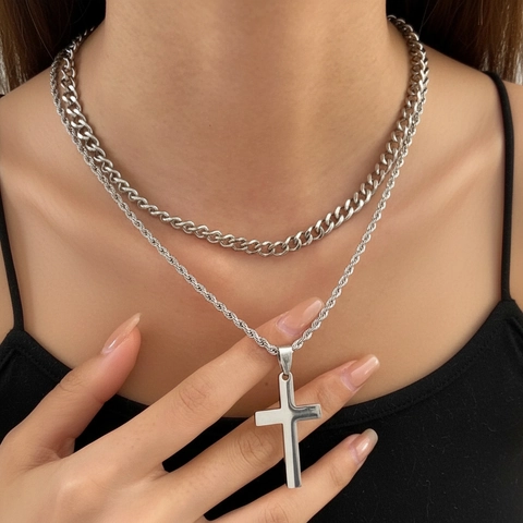 Collana Con Ciondolo A Croce A Strati In Lega Catena A Corda Gioielli Minimalisti Alla Moda Per Donne Uomini Accessori