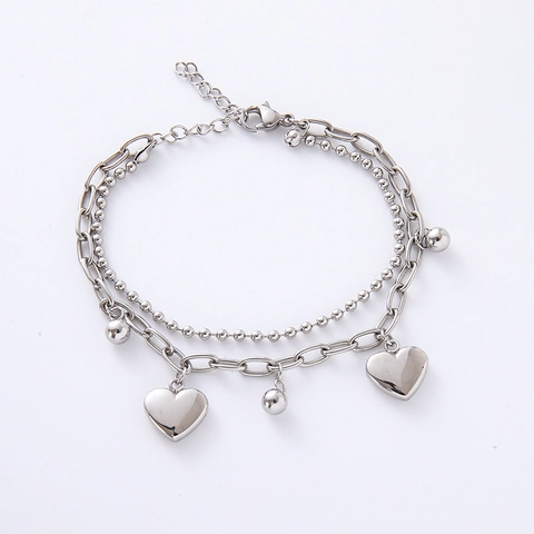 Pulsera De Doble Capa Colgante De Corazón De Acero Inoxidable Cadena De Cuentas Y Cruz Joyería Elegante Ajustable Para Mujer