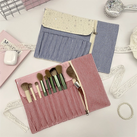 Portable Polyester Striped Makeup Brushes Organizer Bag With Star Sequins And Lace Ribbon Cosmetic Travel Pouch For Women