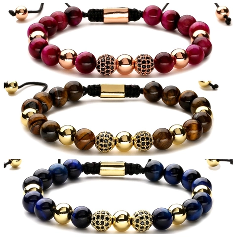 Beaded Bracelet Natural Tiger Eye Stone Micro Pave Zircon Adjustable Woven Rope Handmade Lucky Jewelry Men Women