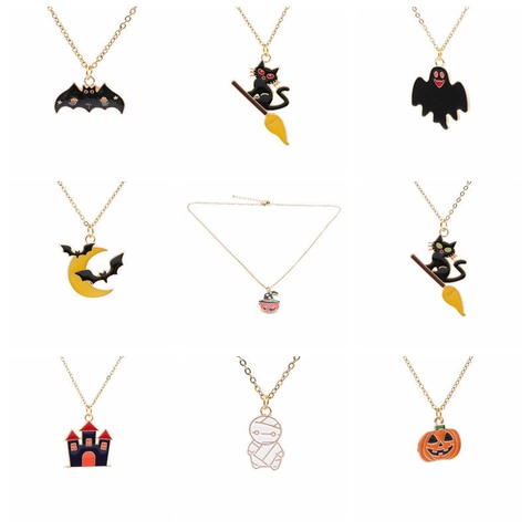 Halloween Collar Colgante Pendientes Aleación Esmalte Murciélago Fantasma Calabaza Castillo Gato Joyería Fiesta Mujeres Niños
