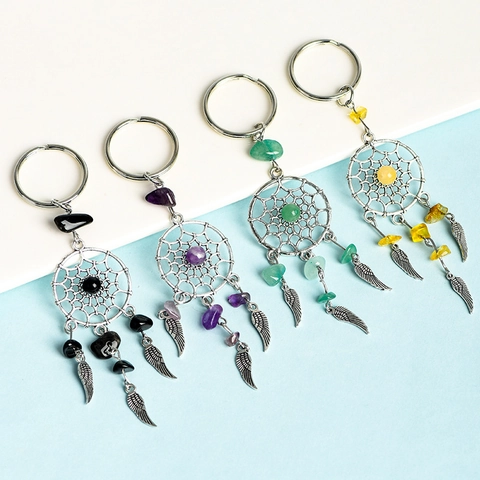Dromenvanger Sleutelhanger Met Natuurlijke Edelstenen Legering Veer Hangers Boheemse Etnische Stijl Tas Ornament