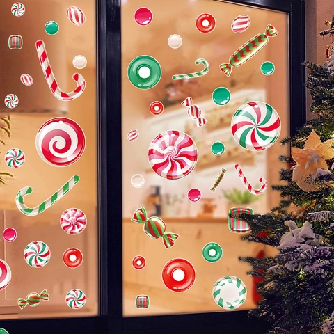 Adesivi per Finestre di Natale in PVC Caramelle Menta Adesivi Murali per Decorazione Casa delle Feste Forniture per Feste Natalizie