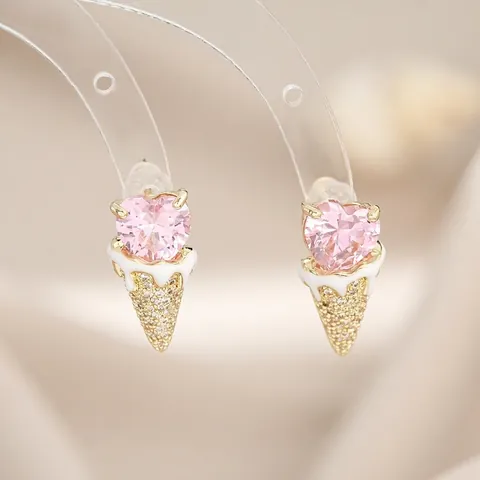 Cute Pink Heart Zirconia Ice Cream Cone Stud Earrings With 925 Sterling Silver Earring Post Copper Enamel Jewelry For Women
