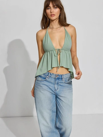 Women Halter Neck Crop Top Deep V Neck Front Tie Ruffle Hem Backless Sleeveless Sexy Solid Color Camisole Summer Streetwear