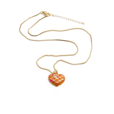 Heart Pendant Necklace Gold Plated Copper Enamel Rainbow Stripes Grid Pattern Rhinestone Bow Jewelry Gift For Women