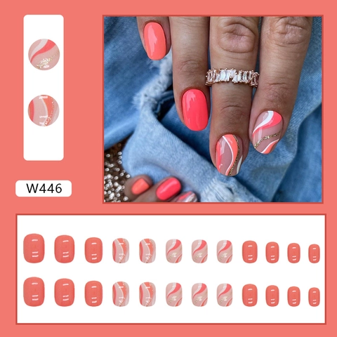 Faux Ongles Courts Squoval Motif Vagues Corail Orange Ongles Artificiels Pour Manucure DIY
