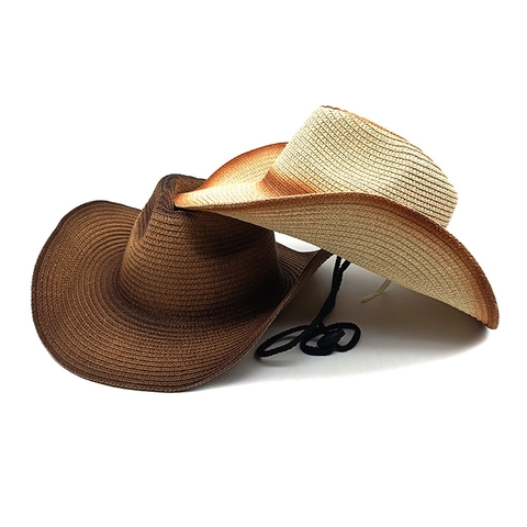 Women Straw Cowboy Hat Gradient Wide Brim Summer Beach Sun Hat With Windproof Rope Breathable Foldable Western Style