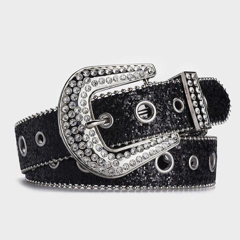 Women Western Rhinestone Belt Fashion Bling Sequin Waist Belt With Alloy Pin Buckle Shiny Decorative Pant Belt For Ladies