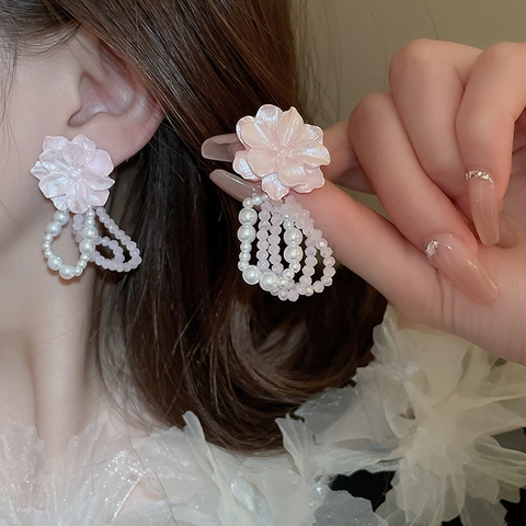Acryl Blume Imitation Künstliche Perle Kristall Künstliche Perle Drop Ohrringe Mit Silber Ohrstecker Elegant Süßer Blumenschmuck Für Damen