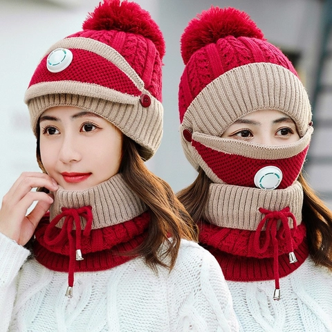 Women Winter Warm 3-Piece Knitted Hat Scarf Mask Set Acrylic Pom-pom Breathing Valve Contrast Color Outdoor Beanie Set