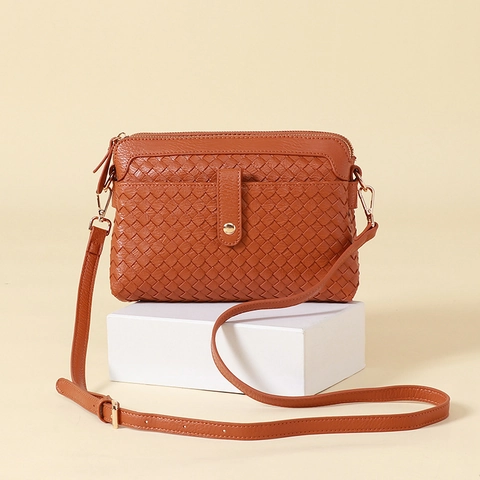 Woven Crossbody Bag Women PU Leather Double Zipper Multi Compartment Shoulder Bag Fashion Handwoven Handbag Casual
