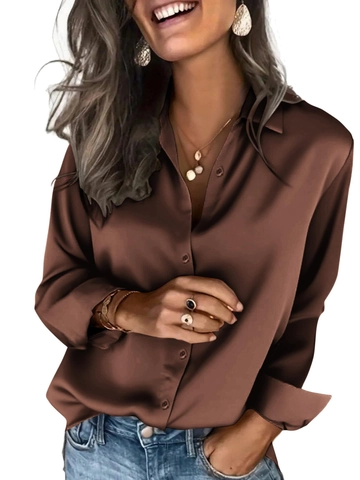 Women Satin Blouse Satin Long Sleeve Shirt Button Down Office Elegant Lapel Collar Solid Color Business Casual Top
