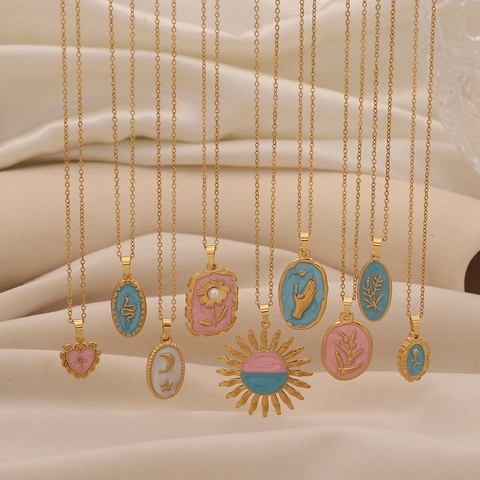 Stainless Steel Enamel Pendant Necklace Vintage Gold Plated Floral Heart Star Moon Snake Jewelry For Women