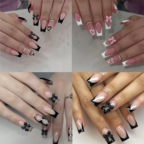 Franse Kunstnagels Press On Lange Coffin Vierkante Met 3D Strikjes Steentjes Hart ABS Manicure Kunst