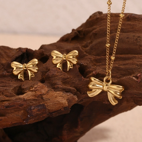 Minimalist Stainless Steel Bow Jewelry Set For Women Gold Silver Plated Necklace And Earrings Fashion Delicate Bowknot Jewelry