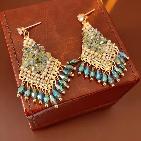 Ruit Tassel Drop Oorbellen Gouden Legering Met Zilveren Oorbel Post Strass Faux Kunstparel Glas Kralen Boheems Retro Voor Dames