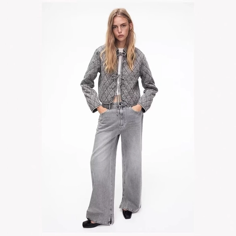 Dames Gewatteerd Denim Jack Gewassen Grafietgrijs Ruitpatroon Vetersluiting Voorkant Revers Lange Mouwen Gewatteerde Jas