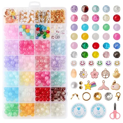 DIY Jewelry Making Kit Glass Crackle Beads Acrylic Letter Beads Alloy Charms Scissors Elastic String For Bracelet Necklace