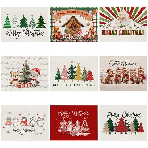 Christmas Placemat Cotton Linen Polyester Waterproof Heat Insulated Dining Table Decoration Holiday Festive Mat