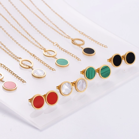 316L Stainless Steel 18K Gold Plated Round Shell Malachite Inlay Necklace Bracelet Earrings Minimalist Elegant For Women