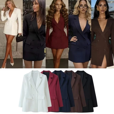 Women Double Breasted Blazer Jacket Slim Fit Long Sleeve Lapel Solid Color Office Lady Fashion Outerwear