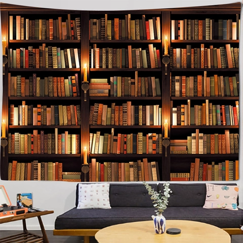 Arazzo Da Parete Biblioteca Retro Tessuto Sfondo Poliestere Motivo Libreria Realistico Per Decorazione Casa