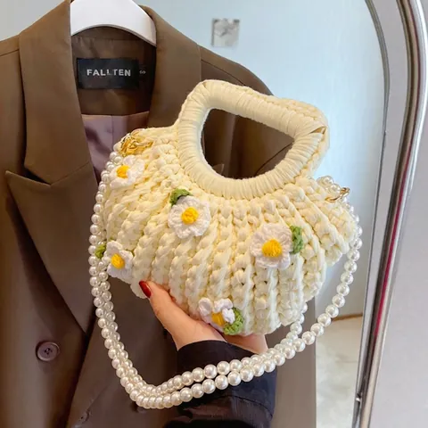 Handgefertigte Gewebte Handtasche 3D Gänseblümchen Muschel Umhängetasche Für Frauen Baumwollfaden Künstliche Perle Gurt Süßer Stil