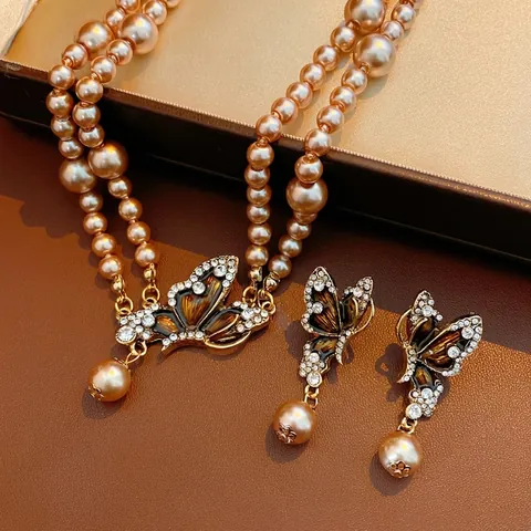 Vintage Butterfly Necklace And Earrings Double Layer Imitation Artificial Pearl Enamel Rhinestone Alloy Silver Earring Post Women