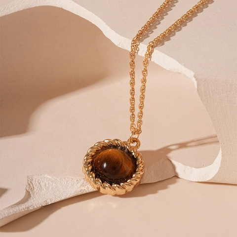 Collar Vintage Con Colgante Redondo De Aleación Con Piedra De Ojo De Tigre Artificial Chapado En Oro Joyería Minimalista Mujer
