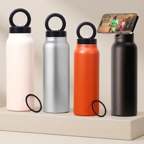 Insulated Sports 304 Stainless Steel Water Bottle With Magnetic Phone Holder Lid Vacuum Flask Portable Travel Gym Flask