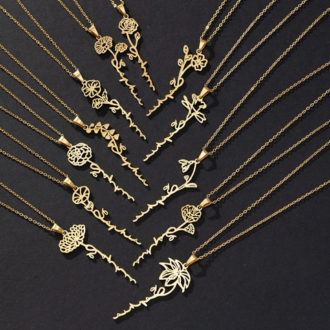 Collana Con Ciondolo Nome Fiore Del Mese Di Nascita Acciaio Inossidabile 304 Placcato Sottovuoto Gioielli Floreali Minimalisti