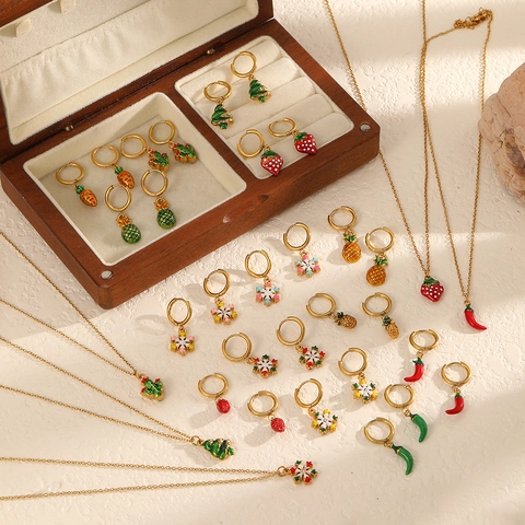 Collier Boucles D'oreilles Acier Inoxydable Bijoux Noël Vacances Femmes Émail Flocon De Neige Fruits Légumes Pendentif Accessoires