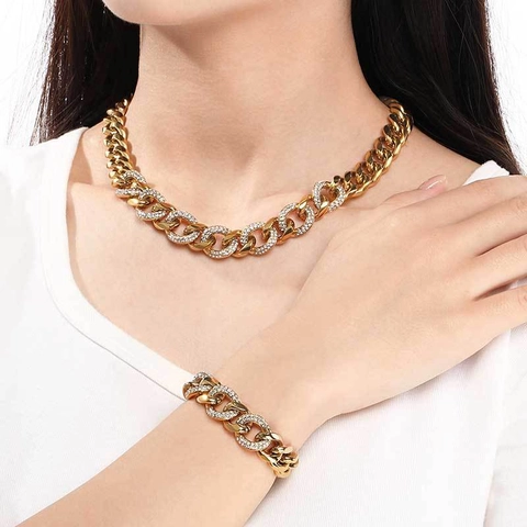 Collar Y Pulsera Cuban Link Iced Out Rhinestone Acero Inoxidable Hip Hop Punk Joyería De Moda Para Hombres Mujeres