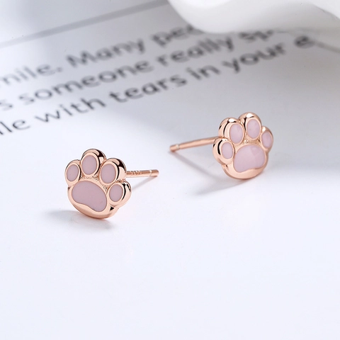 Cute 925 Sterling Silver Cat Paw Stud Earrings Pink Enamel Animal Footprint Ear Bone Stud For Women Minimalist Jewelry